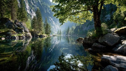 Obraz premium Reflections on a Calm Lake Surface