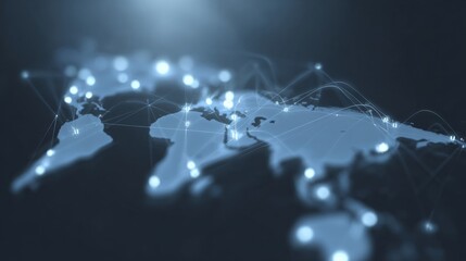 A virtual global map displays glowing interconnected points against a dark blue and gray background,