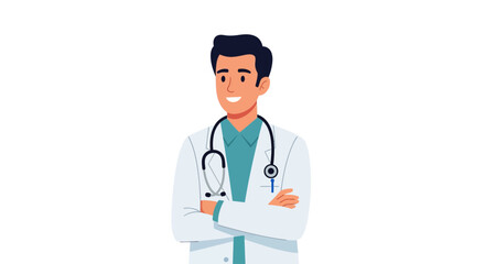 Fototapeta premium A smiling male doctor with a stethoscope, arms crossed, on a white background.