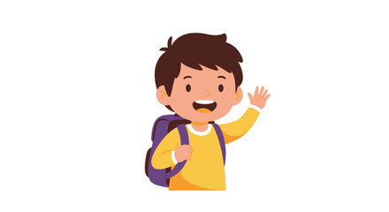 Obraz premium Cartoon boy with backpack, waving happily, cheerful expression.