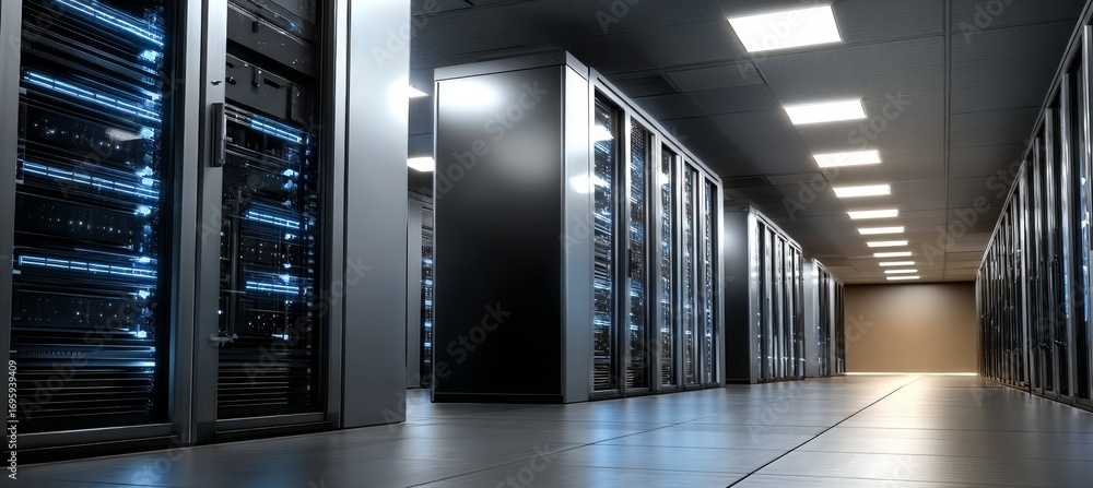 Poster dark server room filled with rows of high-performance computers and advanced network equipment
