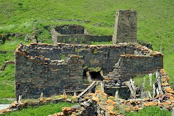 Stone ruins of residential buildings in the mountain village of Galiat in North Ossetia