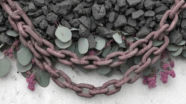 Rusty chain, rocks, and greenery