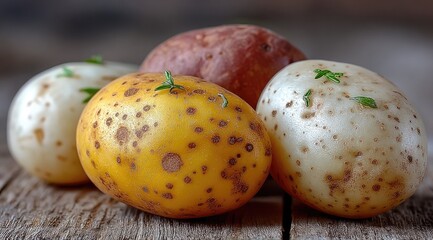 Obraz premium Four colorful potatoes on rustic wood