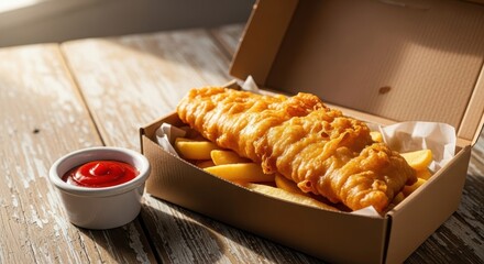 Fish and Chips Takeaway with Ketchup, Delicious Fried Food