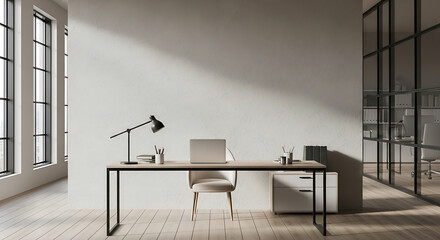 Bright office space with desk, chair, laptop, lamp, and large windows in a modern minimalist style