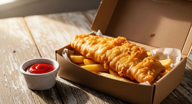 Fish and Chips Takeaway with Ketchup, Delicious Fried Food