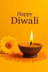 Diwali lamp and flower on yellow