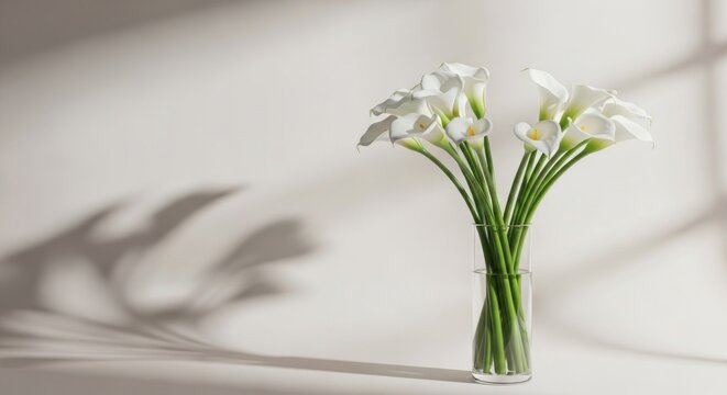 Bouquets of pristine white calla lilies in a clear glass vase, shadows creating an airy space