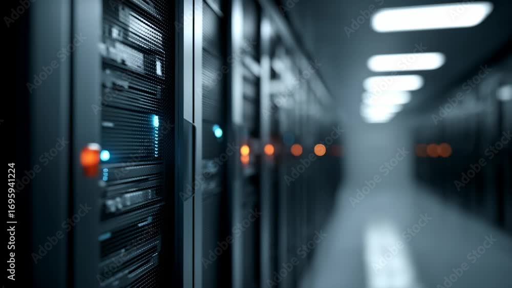 Poster exploring data center infrastructure with systems and servers in action during network maintenance