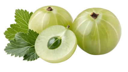 Indian Gooseberry and Slices with Leaves on White Background