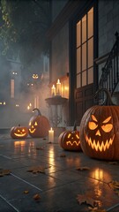 Photorealistic Decorative Pumpkin Collection with Glowing Carved Faces