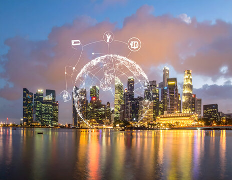 A cityscape at dusk with the backdrop of a cloudy sky and modern buildings with digital illustration