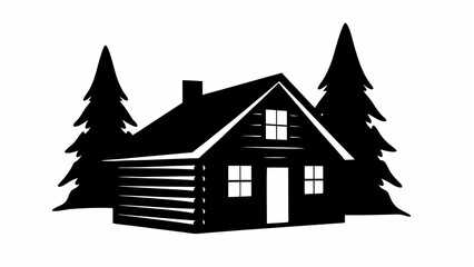 Fototapeta premium Silhouette of a log cabin with a chimney and two pine trees on either side in a simple black design