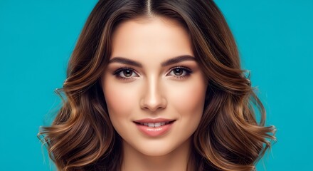 Naklejka premium A beautiful woman with wavy brown hair and subtle makeup smiles gently against a vibrant turquoise background.