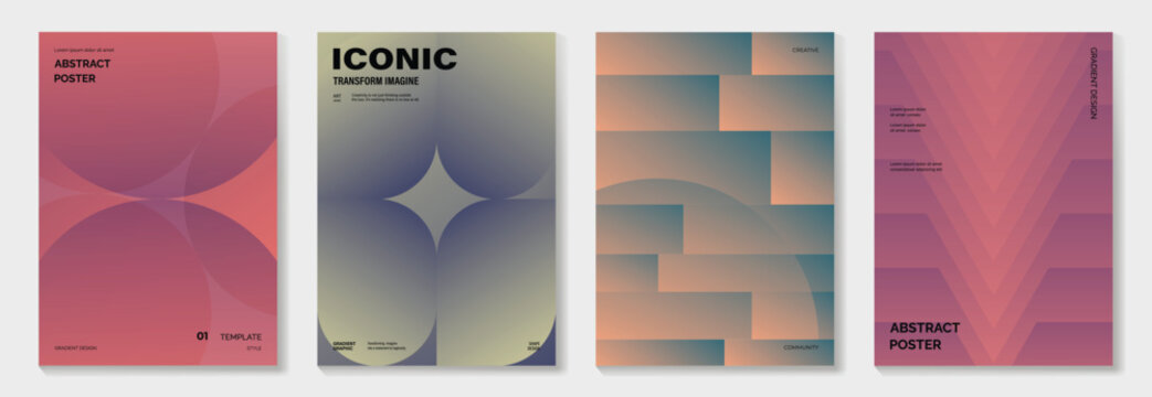 Modern gradient poster background vector set. Cover template with vibrant geometric shape in different. Modern Design for wall art, flyers, brochures, covers and web banners. 