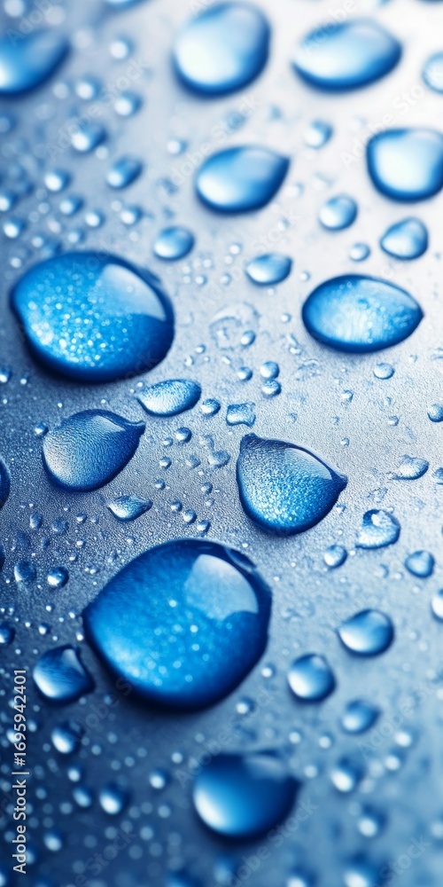 Poster closeup of light blue rain droplets on a wet surface, creating a shiny, abstract background texture