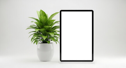 A tablet with a blank white screen standing next to a green plant in a white pot on a white background