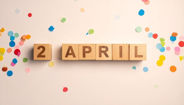 Wooden Blocks with Date 2 April. Calendar for birthday or anniversary on solid colored background with confetti