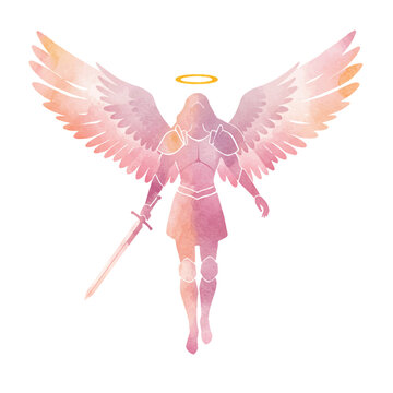 Powerful angel warrior with sword, ethereal wings and halo, watercolor texture, divine protector