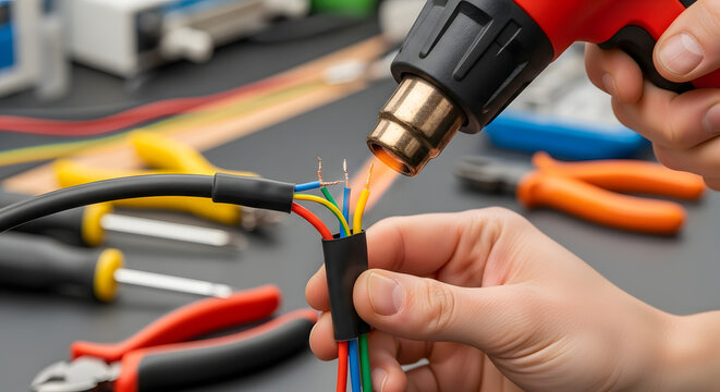 An electrician uses a heat gun to apply shrink tubing over spliced electrical wires on a workbench.