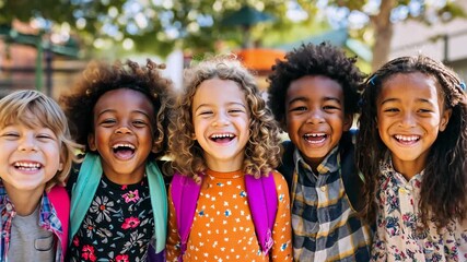 A group of five diverse  children with backpacks laugh and smile brightly while enjoying their time together at an outdoor playground on a sunny day - Powered by Adobe