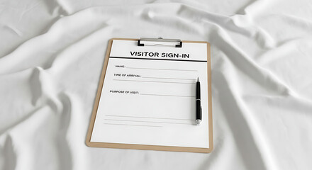 A visitor sign in sheet with a pen on a clipboard placed on a white wrinkled fabric surface
