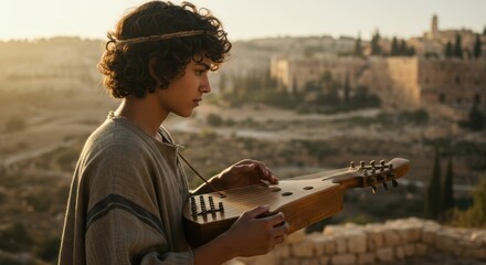 Obraz premium Young man playing string instrument. Shepherd boy playing psaltery. Ancient worship music and biblical history theme.