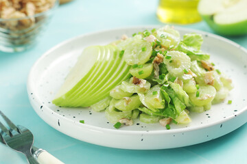 A plate with Waldorf salad, traditional American	