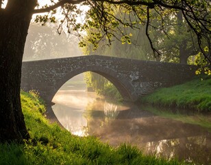 Stone Bridge Over Calm River at Sunrise