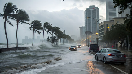 Seaside road flooded by storm surge with palm trees bending in strong wind and cars driving through water in coastal city during hurricane showing extreme weather and climate change effects