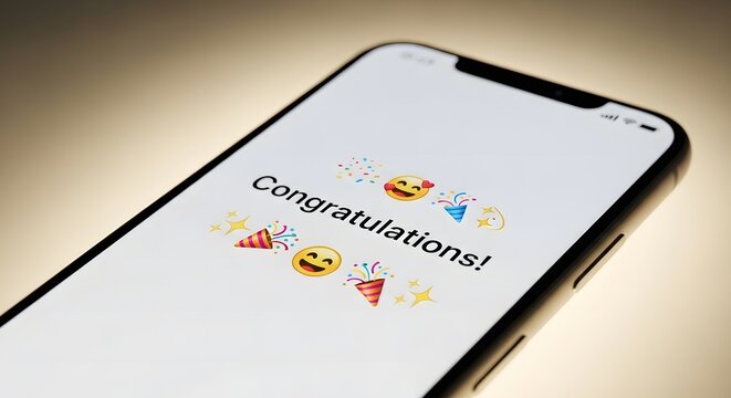 Close-up of a smartphone screen showing “congratulations” tears of joy reaction emoji notification emotional tech realism