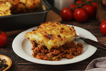 A shepherd's pie, freshly backed and ready to be served. Traditional English dish