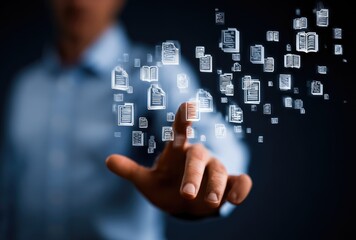 Hand interacting with digital document icons