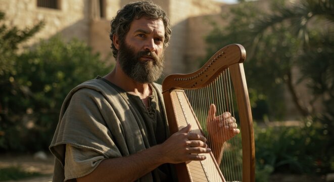 Bearded man playing Ancient stringed musical instrument. King David character in biblical history story concept.