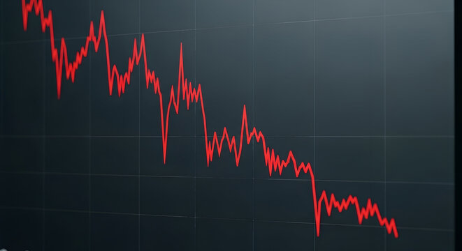 Red line graph showing a significant downward trend on a dark background indicating market decline - Powered by Adobe