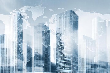 Modern Cityscape with World Map Overlay in Abstract Style