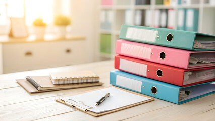 Stack of colorful office folders and clipboards with pens and notebooks on a clean wooden desk in a bright home office interior perfect for productivity blogs and organization visuals