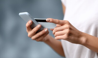 Close-up of hands holding a phone and credit card for online shopping