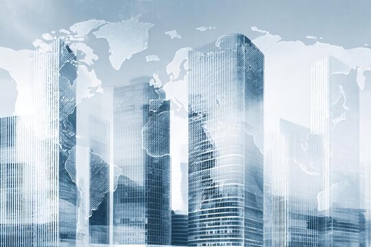 Modern Cityscape with World Map Overlay in Abstract Style