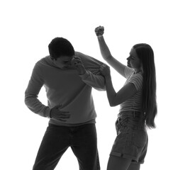 Silhouette of woman beating her husband on white background. Domestic violence concept