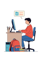 Young student diligently learning online with computer and books, ready for school success