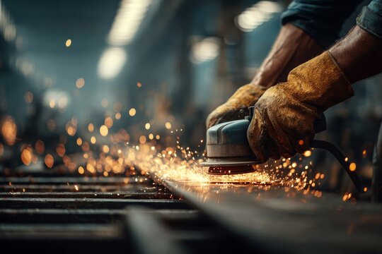 The hands of a metal worker grinding steel with safety gloves and generating sparks, focusing on the process of industrial metalworking at the factory.