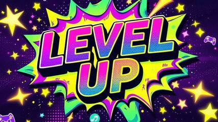 Dynamic 'Level Up' video graphic explodes with vibrant neon colors, stars, and game controllers, celebrating gaming achievement and progress in a high-energy visual. - Powered by Adobe