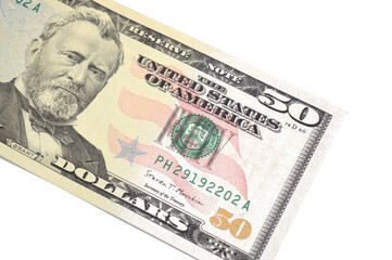 Obverse side of 50 USD fifty American dollars banknote cash money bill features The 18th president of the United States of America Ulysses S. Grant, American money status concept, money exchange rate