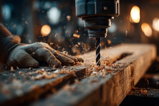 A close-up of a power drill boring into a wood plank, with sawdust flying in the air and a gloved hand holding the wood firmly, workshop setting.