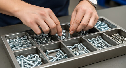 Precision work in a workshop as a mechanic carefully selects the right screw from a sorted hardware organizer for assembly