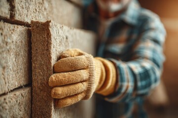 Worker installing thermal insulation in a house, wearing gloves and flannel shirt, efficient energy saving and comfortable home, warm cozy domestic lifestyle concept.