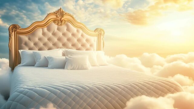 A luxurious bed with a golden headboard is suspended amid soft clouds as the sun rises, creating an enchanting atmosphere