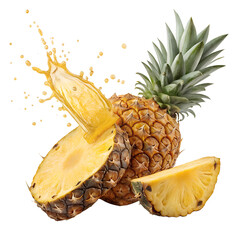 Pineapple Slices and Juice Splash on White Background